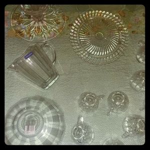 Pitcher,fruit bowl,tea cups,and 2 platters